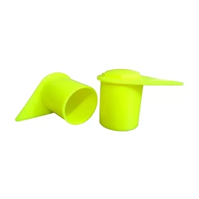 Two 21mm fluorescent yellow long reach dust cap indicators, one sitting vertical, one on its side