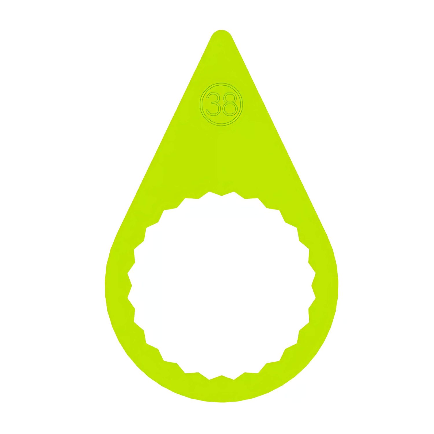 A 38mm fluorescent yellow pointed wheel nut indicator with a flat ring base to suit steel rims