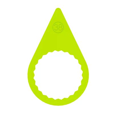 A 38mm fluorescent yellow pointed wheel nut indicator with a flat ring base to suit steel rims