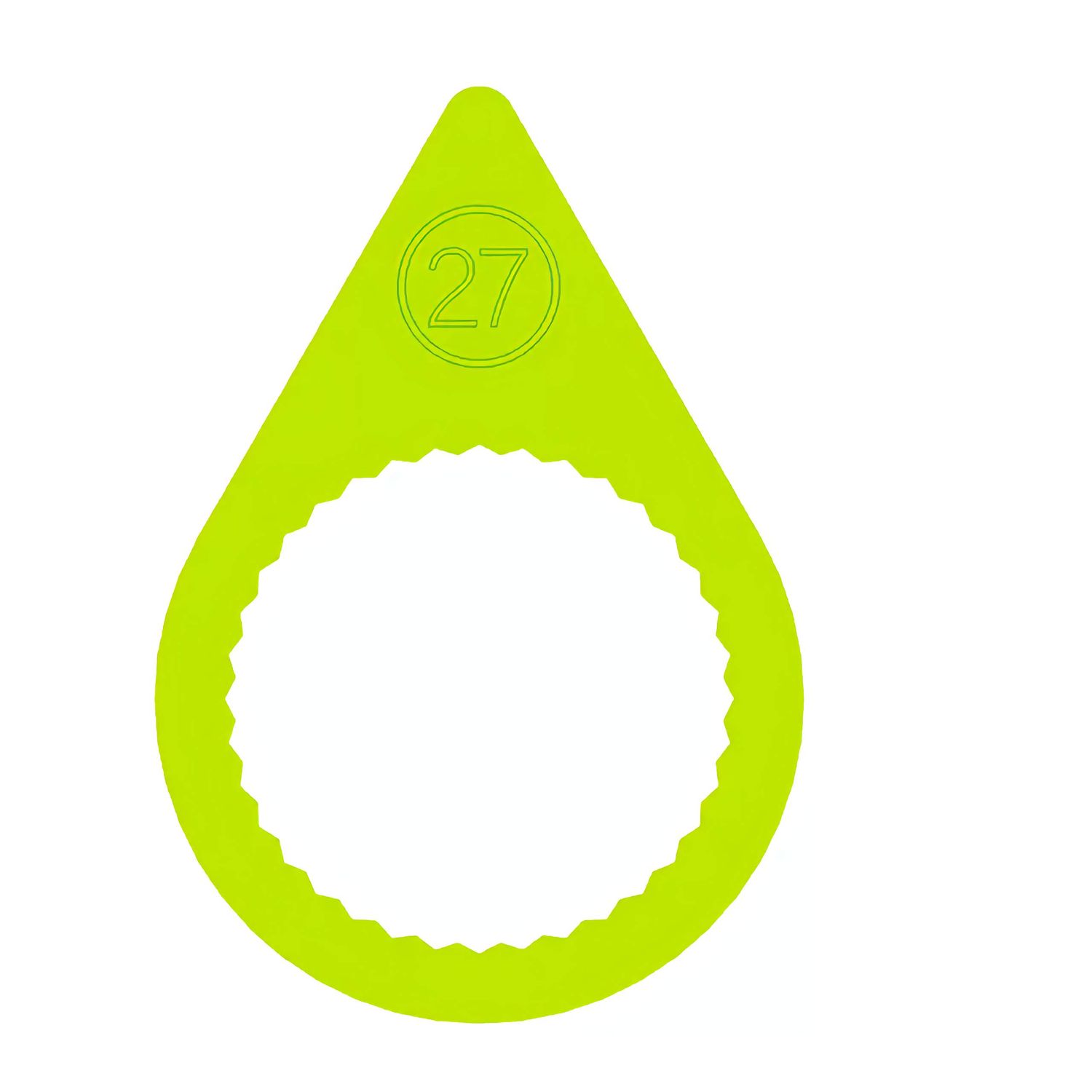 A 27mm fluorescent yellow pointed wheel nut indicator with a flat ring base to suit steel rims