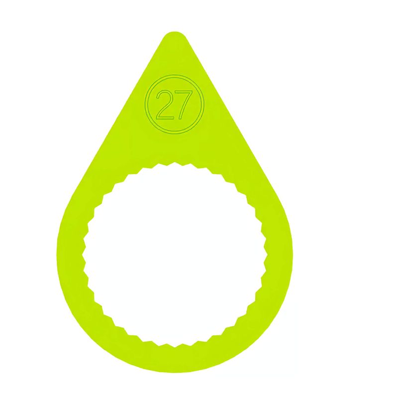A 27mm fluorescent yellow pointed wheel nut indicator with a flat ring base to suit steel rims
