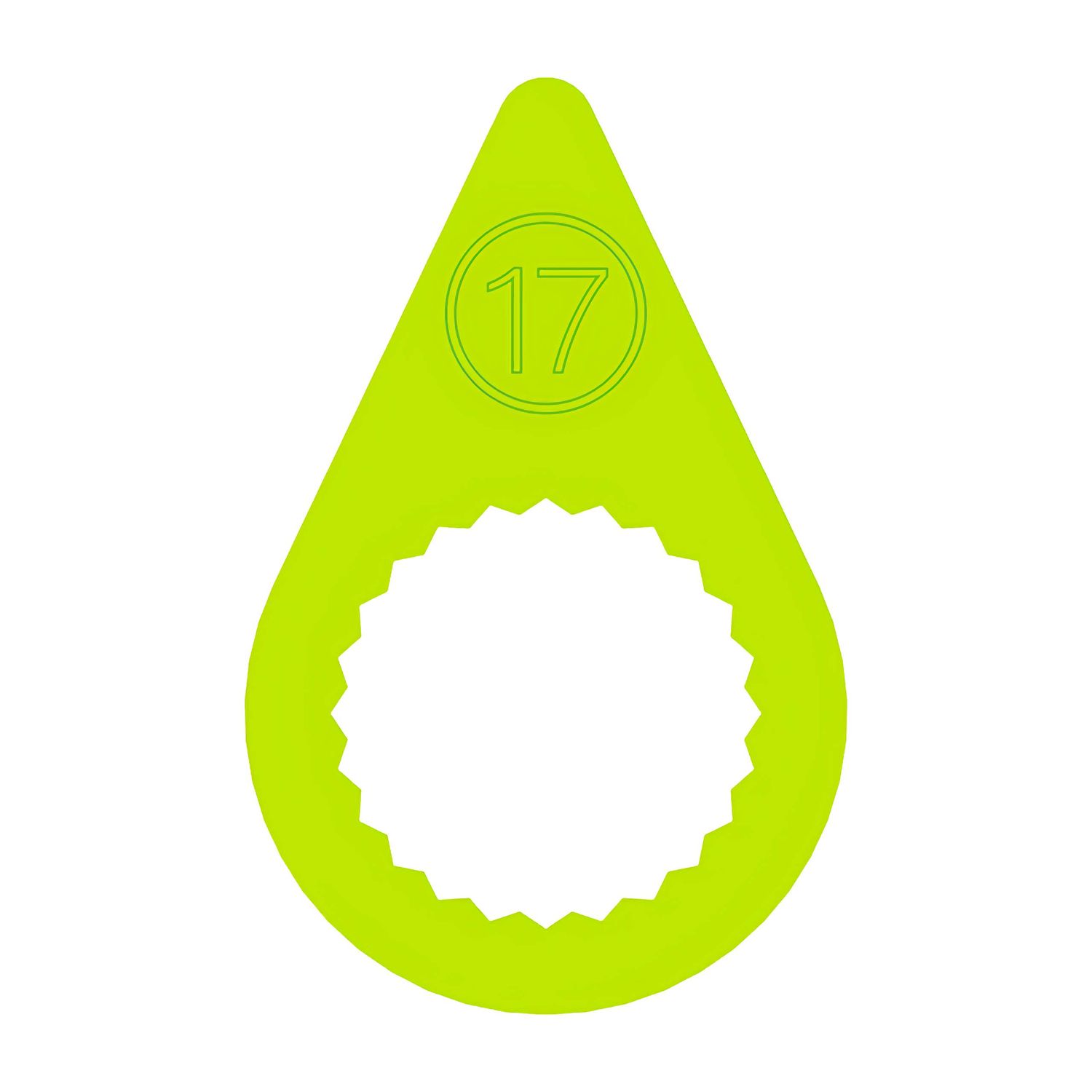 A 17mm fluorescent yellow pointed wheel nut indicator with a flat ring base to suit steel rims