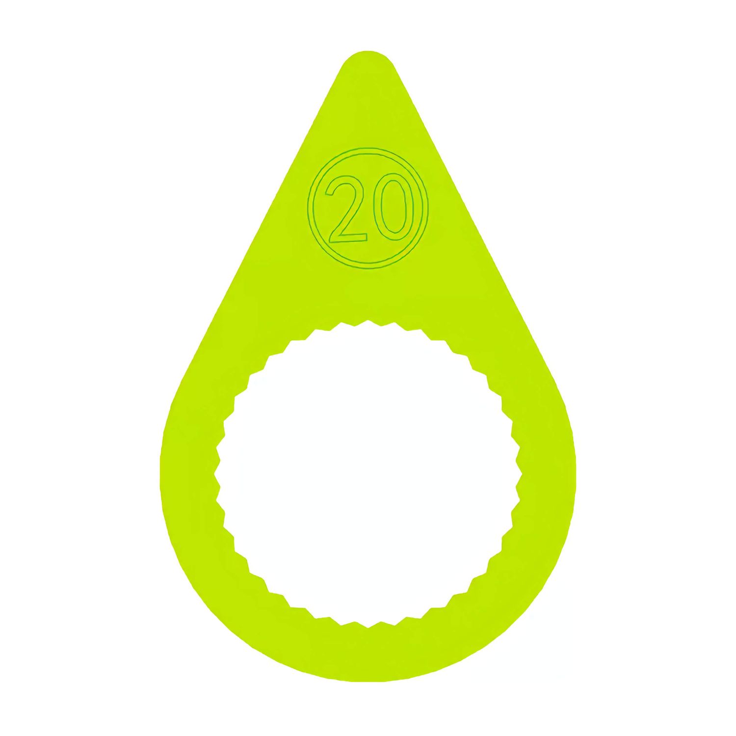 A 20mm fluorescent yellow pointed wheel nut indicator with a flat ring base to suit steel rims