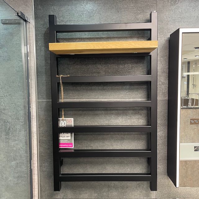 DQ Fender 840mm x 500mm Towel Warmer Matt Black With Oak Shelf