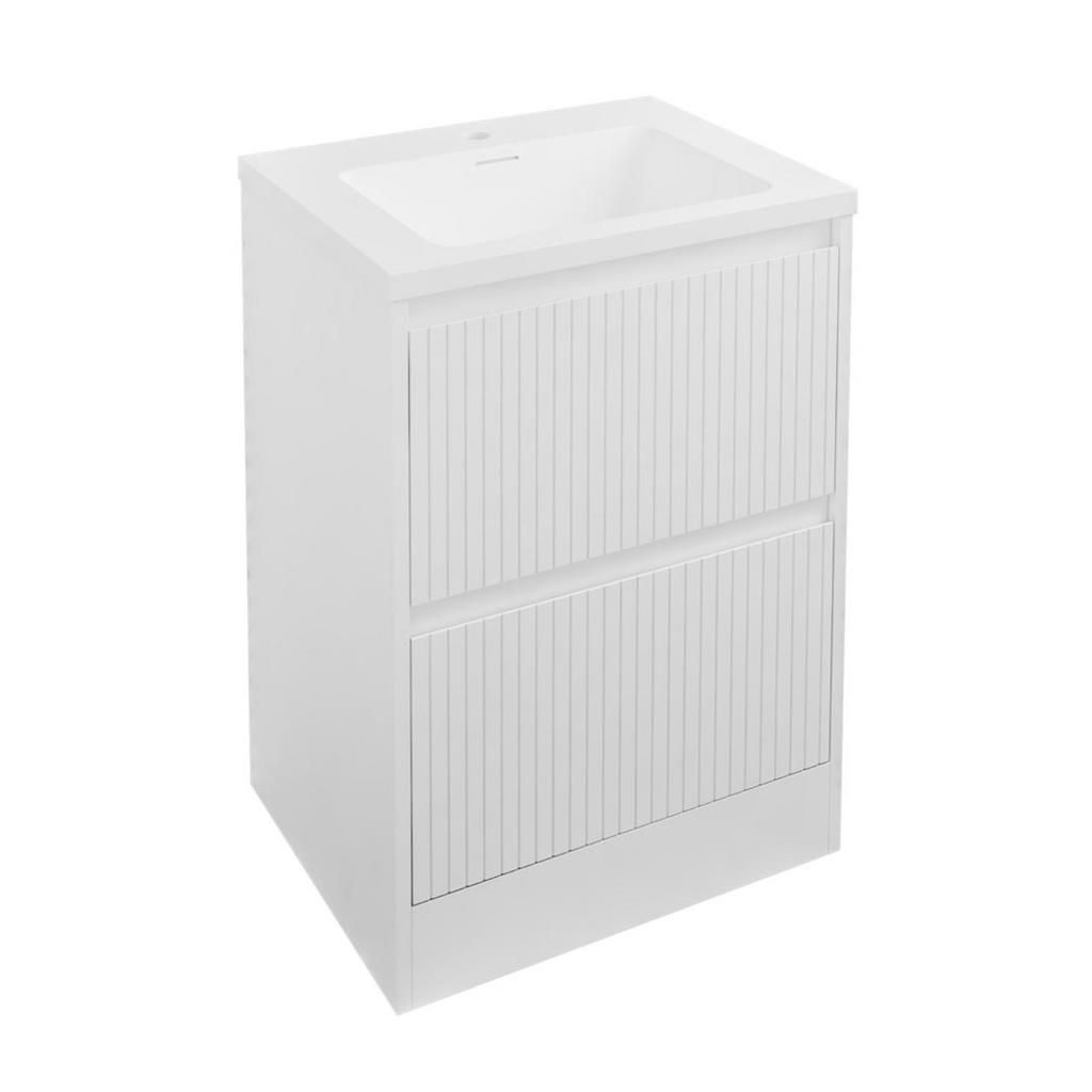 Ex-Stock Freestanding Fluted Gloss White Vanity Unit And Basin 600mm Complete With Brushed Brass Tap + Waste
