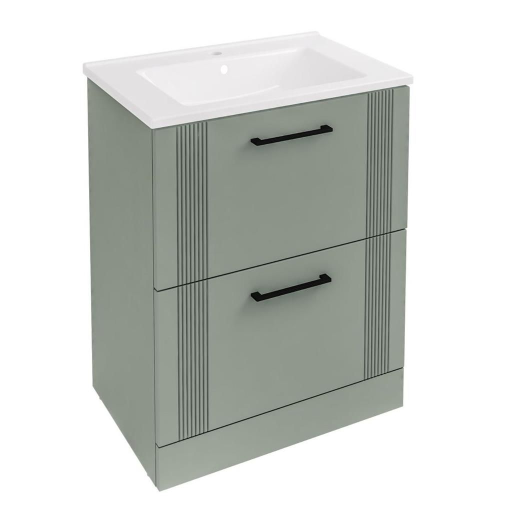 Ex-Stock Freestanding Sage Green Vanity Unit And Basin 600mm Complete With Brushed Brass Tap + Waste