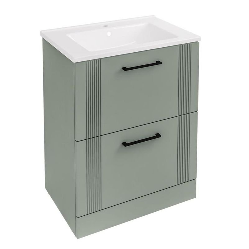 Ex-Stock Freestanding Sage Green Vanity Unit And Basin 600mm Complete With Brushed Brass Tap + Waste