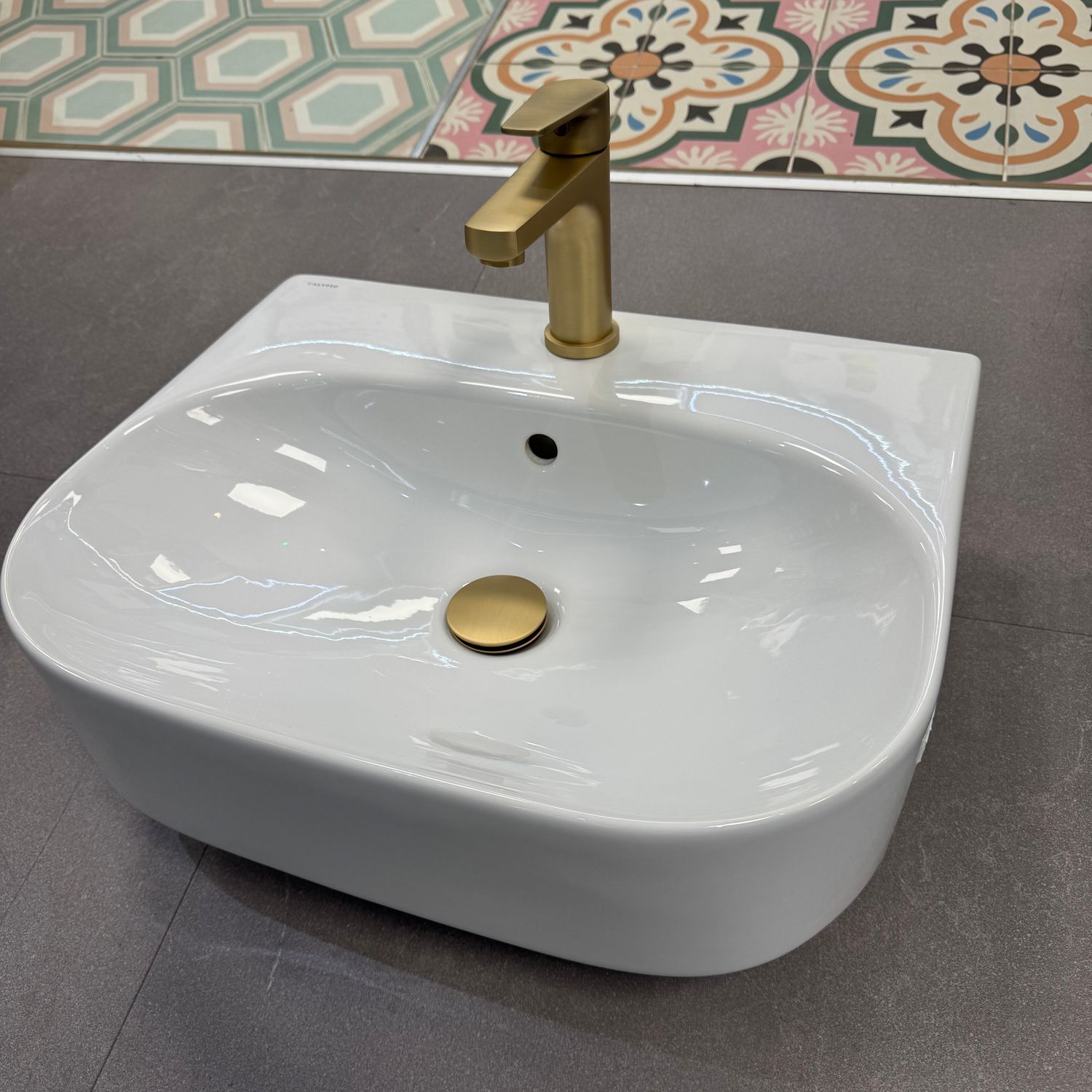 Ex Display 500mm Semi Countertop Basin With Brushed Brass Tap + Waste