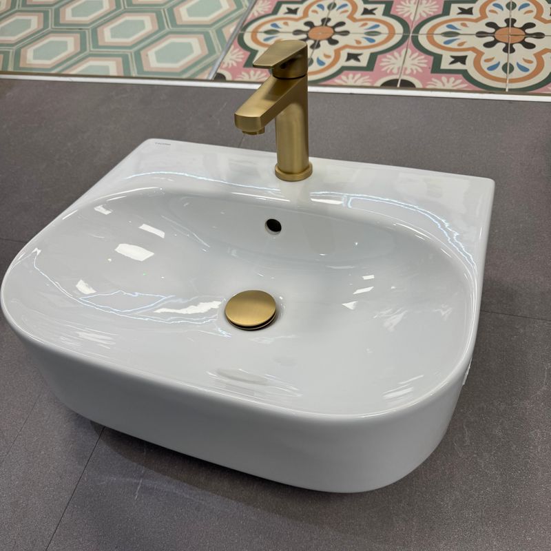 Ex Display 500mm Semi Countertop Basin With Brushed Brass Tap + Waste