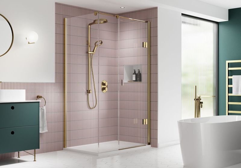 Ex-Stock Kudos Pinnacle 8 1200mm Right Hand Corner Hinged Door Brushed Brass