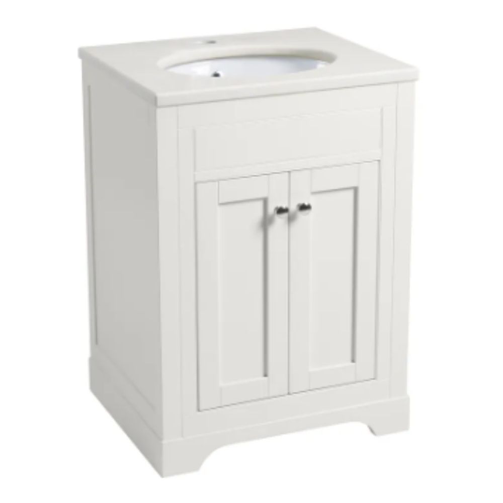 Ex-Stock Roper Rhodes Widcombe 600mm Free Standing Vanity Unit Matt Canvas With Inset Basin &amp; White Carrara Worktop