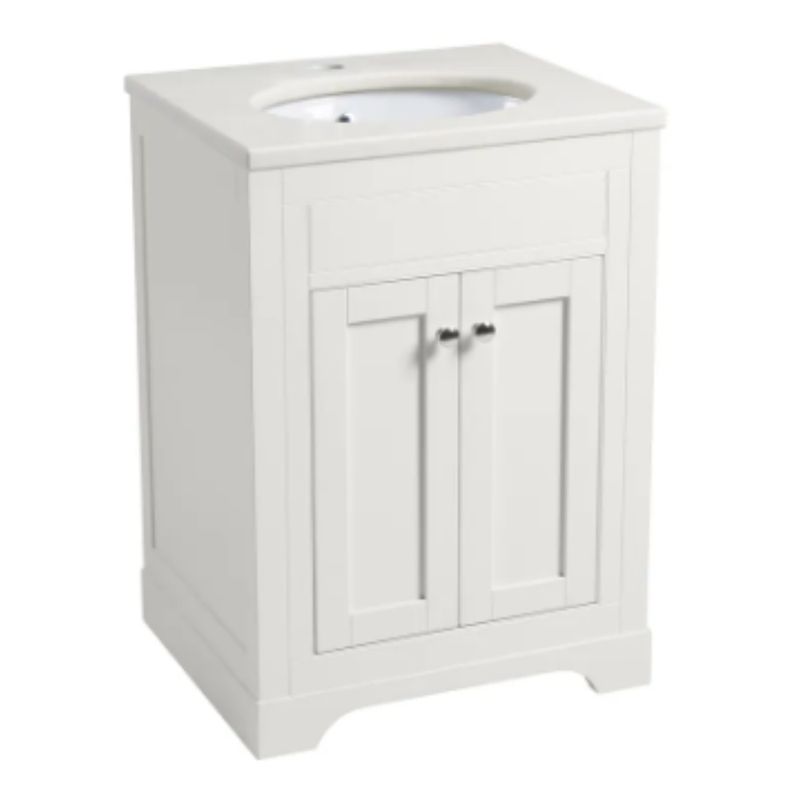 Ex-Stock Roper Rhodes Widcombe 600mm Free Standing Vanity Unit Matt Canvas With Inset Basin &amp; White Carrara Worktop