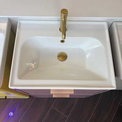 Ex-Display Sonas 600mm x 450mm 1 Tap Hole Basin White Including 2 Drawer Freestanding Basin Unit With Brushed Gold Handles Cashmere Pink Matt