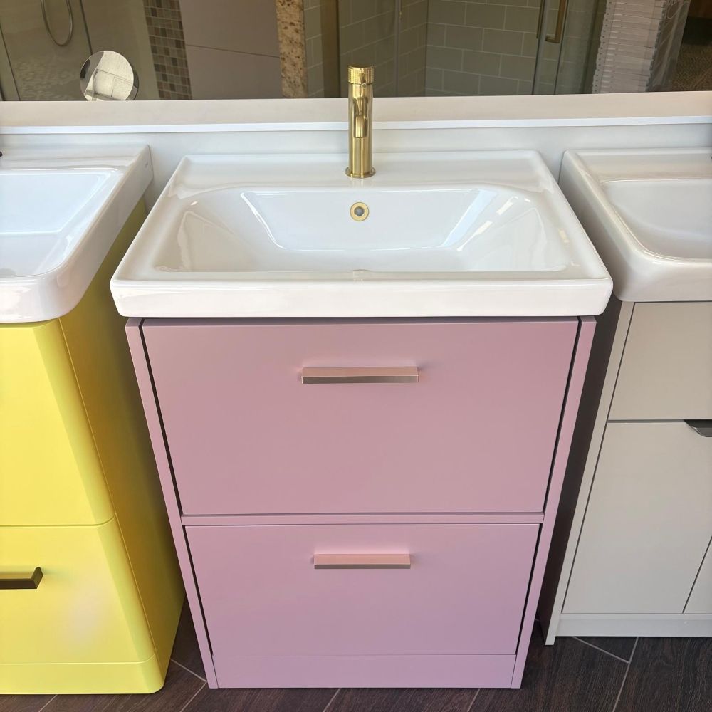 Ex-Display Sonas 600mm x 450mm 1 Tap Hole Basin White Including 2 Drawer Freestanding Basin Unit With Brushed Gold Handles Cashmere Pink Matt