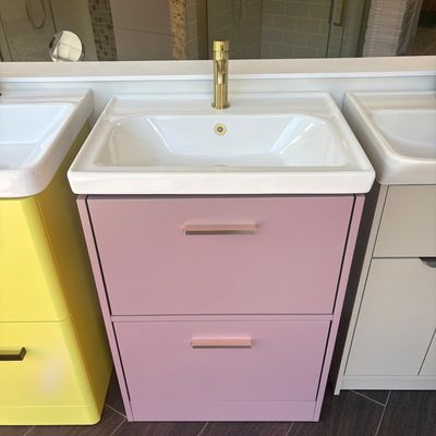 Ex-Display Sonas 600mm x 450mm 1 Tap Hole Basin White Including 2 Drawer Freestanding Basin Unit With Brushed Gold Handles Cashmere Pink Matt Ex-Display Sonas 600mm x 450mm 1 Tap Hole Basin White Including 2 Drawer Freestanding Basin Unit With Brushed Gold Handles Cashmere Pink Matt