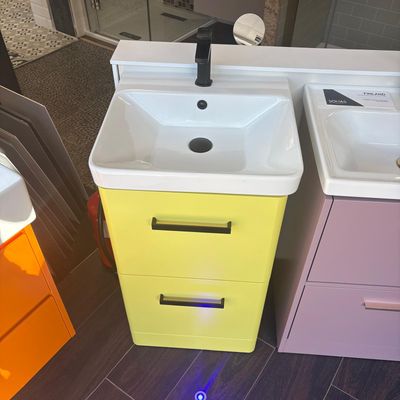 Ex-Display Sonas 500 x 460 mm 1 Tap Hole Basin &amp; 2 Drawer Freestanding Unit Yellow Matt Including Matt Black Basin Mixer