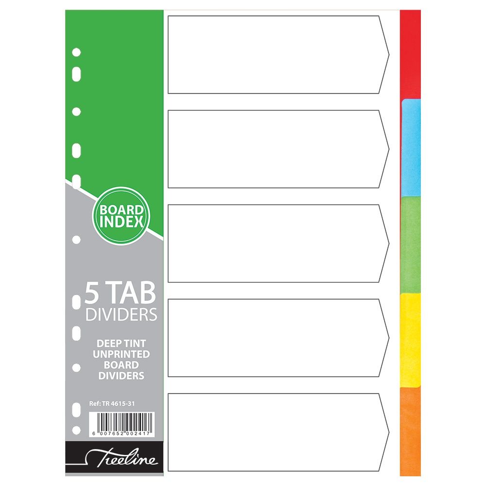 A4 Board Dividers - Unprinted - Deep Tinted Assorted - 5 Tab