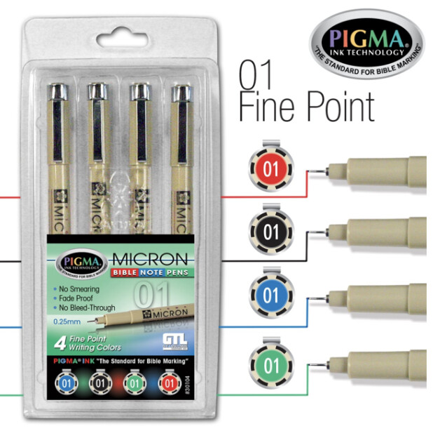 Pigma Micron 01 Bible Note Taking Pens Set: Blue Black Green &amp; Red