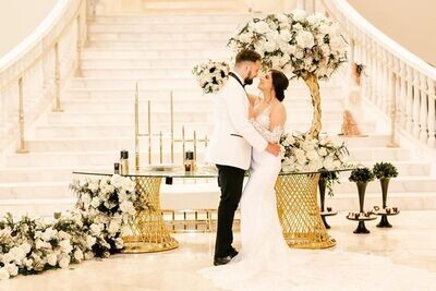 Low Circular 2 Gold Base W/ Half-Moon Glass Top W/ Double Or Single Cascading Mixed Floral