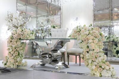 Silver Base W/ Half-Moon Glass Top W/ Double Or Single Cascading Mixed Floral