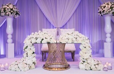 Single Gold Iron Base W/ Half-Moon Glass Top W/ Double Or Single Cascading Mixed Floral