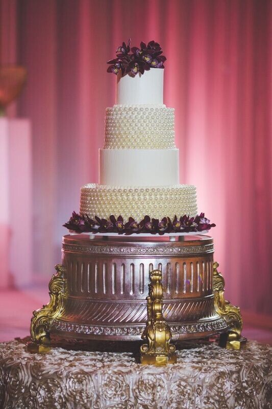 Classic Gold And Silver Cake Stand with Fresh Petals