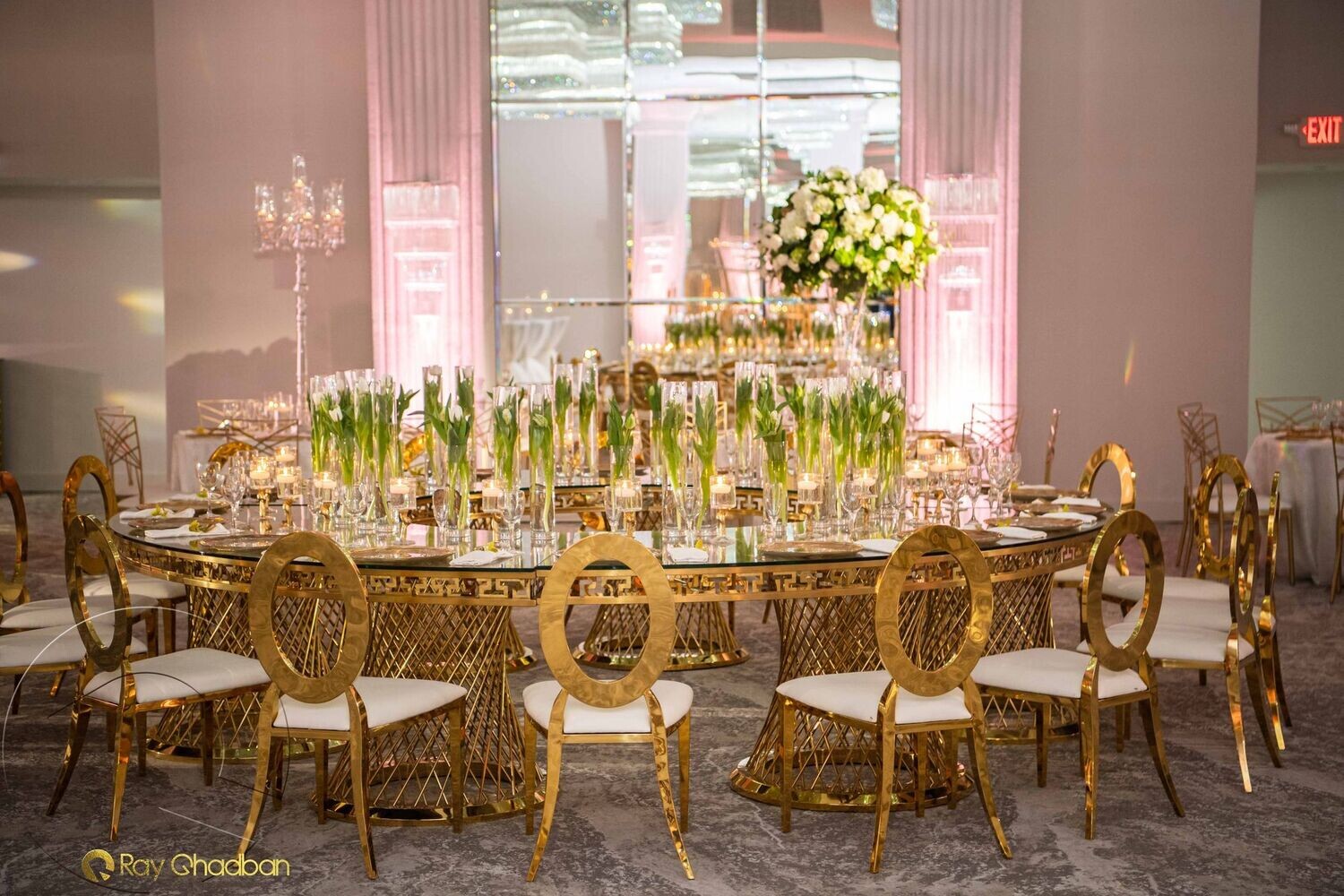 Large Gold Hollow Circular Table with Glass Top (Seats 30)