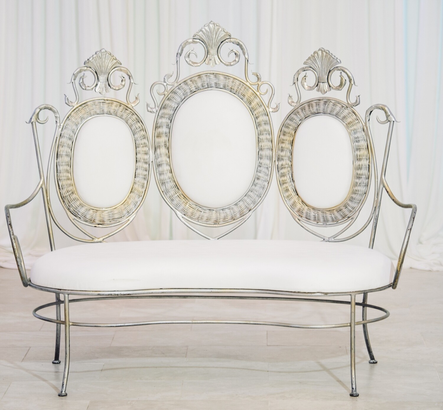 White Silver Leaf Rustic Iron Bench