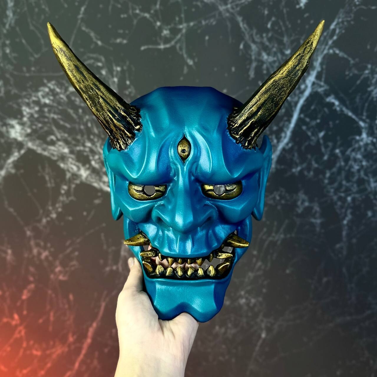 Japanese Oni mask wearable Gold and Teal