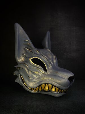Black Kitsune Mask with Gold Craquelure