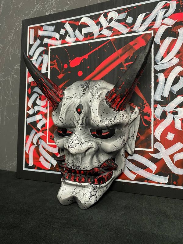 Japanese Black and White Marble Oni Mask