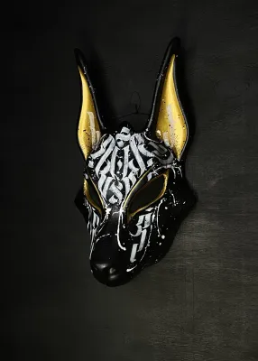 Egyptian Anubis Mask Black and White Calligraphy