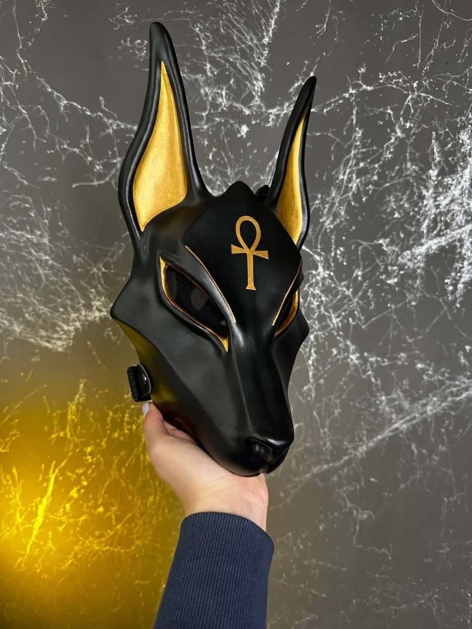 Egyptian Black Anubis Mask with Ankh