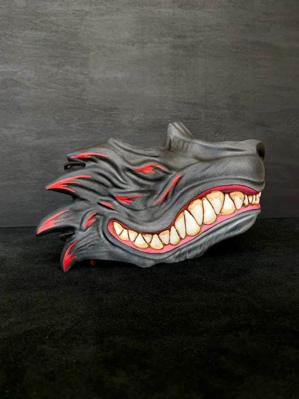 Grey Oni Wolf Half Mask with Red Painting