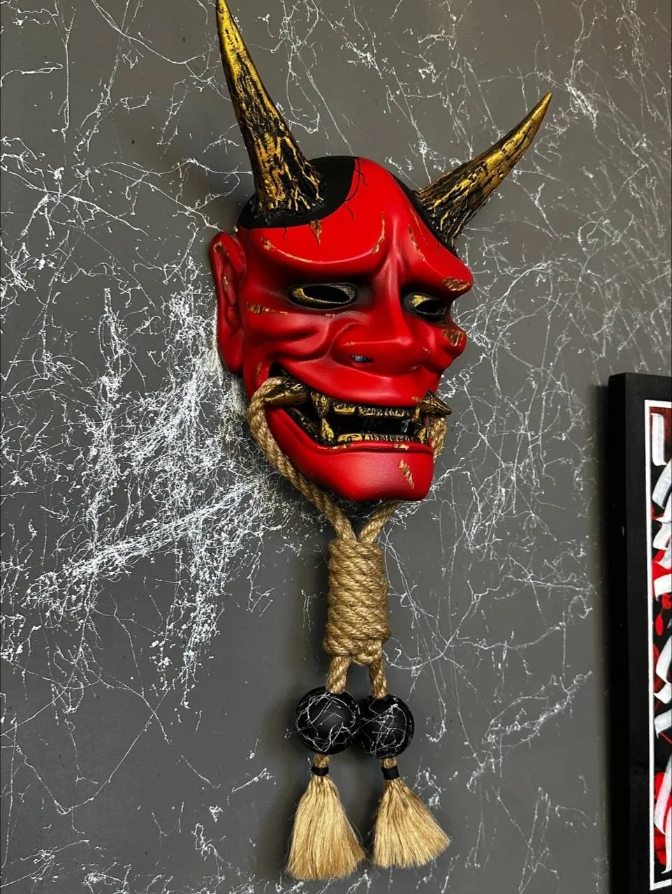 Red Hannya Mask Damaged with Rope