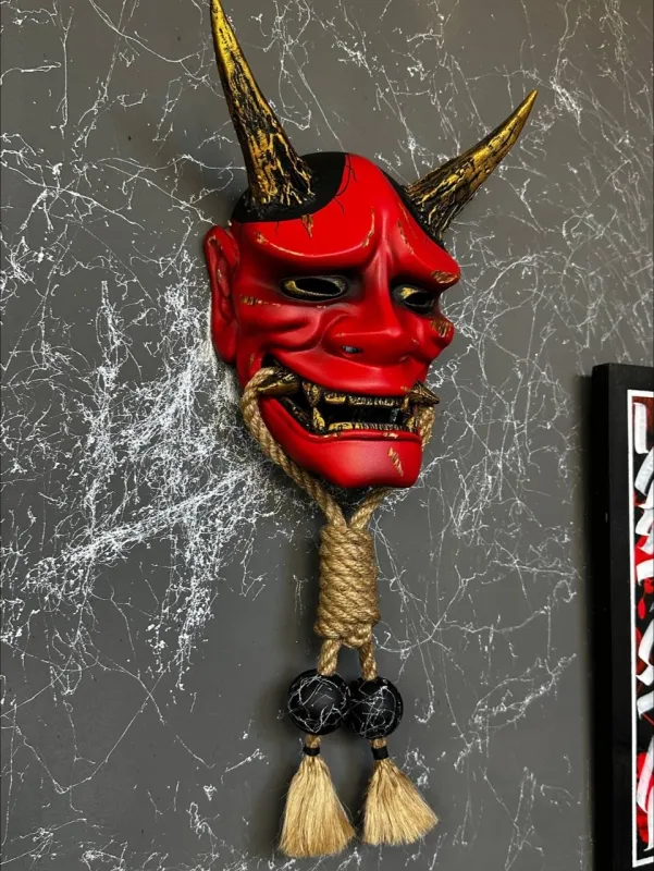 Red Hannya Mask Damaged with Rope