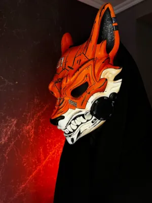 Cyberpunk Kitsune mask: Fiery 01 Damaged