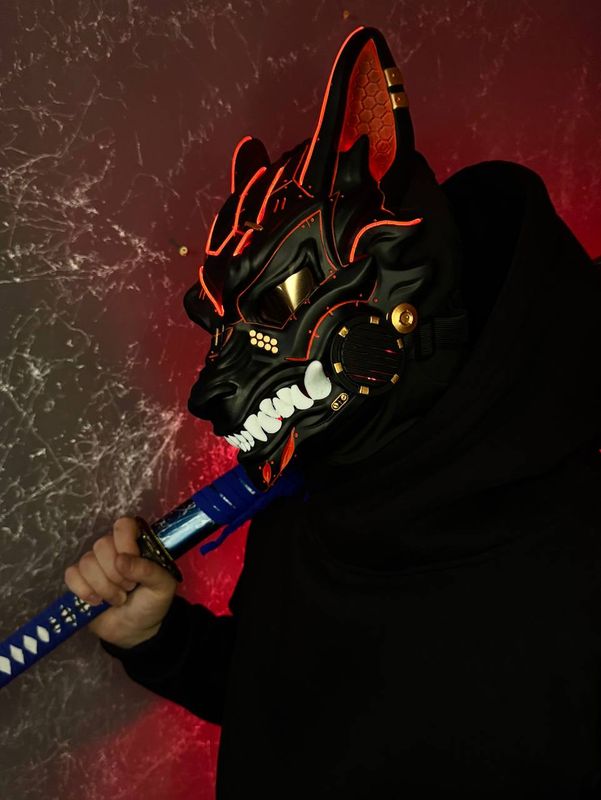 Cyberpunk mask: Black and Red Wolf with Red LED lights