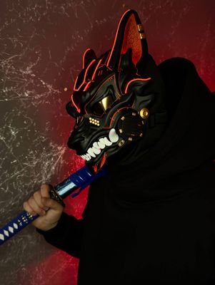 Cyberpunk mask: Black and Red Wolf with Red LED lights