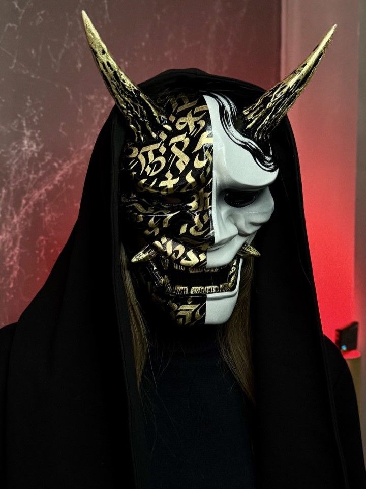Hannya Mask — Black &amp; White with Gold Calligraphy