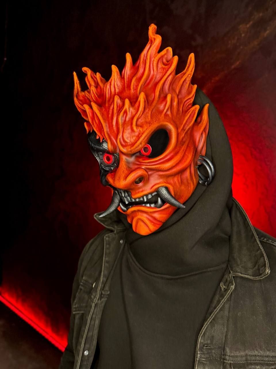 Cyberpunk Fiery Oni Mask with Red LED