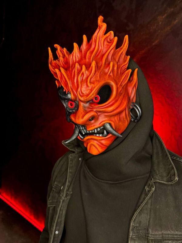 Cyberpunk Fiery Oni Mask with Red LED