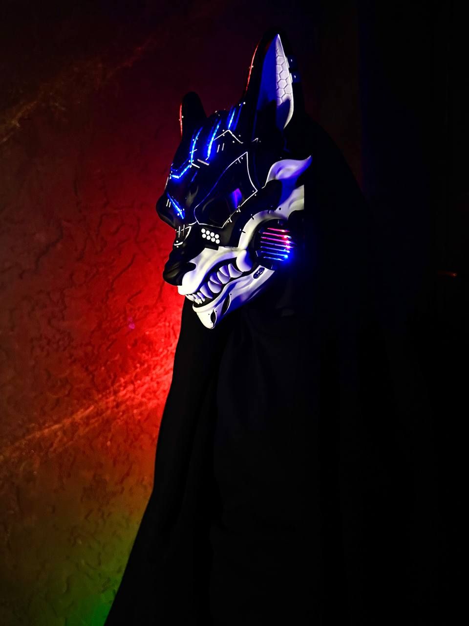 Cyberpunk Kitsune Mask: Black &amp; White with RGB LED Lights