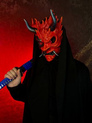 Cyberpunk Samurai Mask with Horns &amp; Red LED