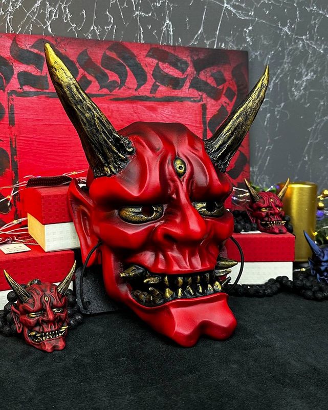 Japanese Oni Mask Red and Gold