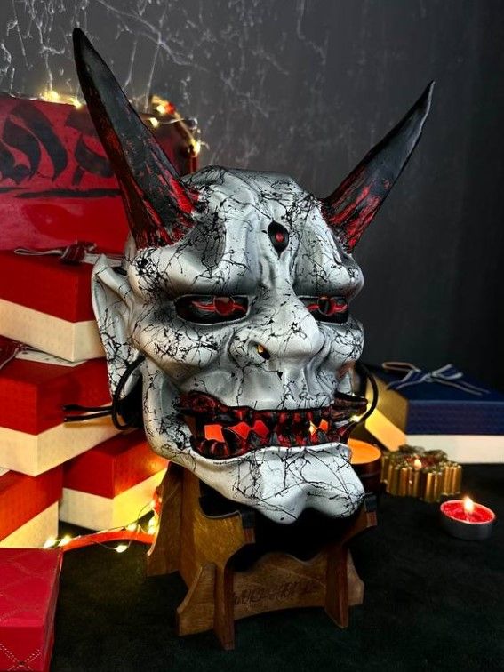 Japanese Black and White Marble Oni Mask
