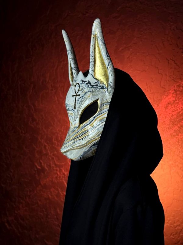 Egyptian Anubis Mask: White &amp; Gold Leaf Ankh - Limited Edition