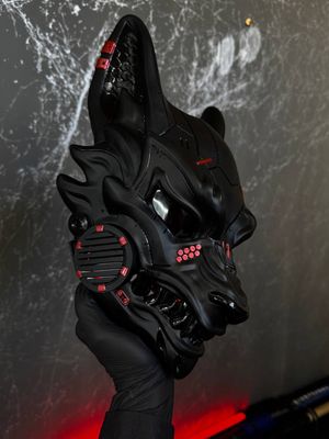 Cyberpunk Kitsune Mask — Black &amp; Metallic Red