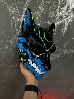 Cyberpunk Kitsune Mask: Black &amp; Blue with RGB LED Lights