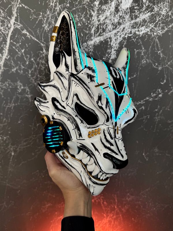 Cyberpunk Kitsune Mask: White Damaged &amp; RGB LED Lights